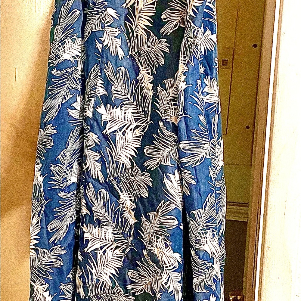 Navy Blue Maxi Skirt with White Tropical Leaf Print